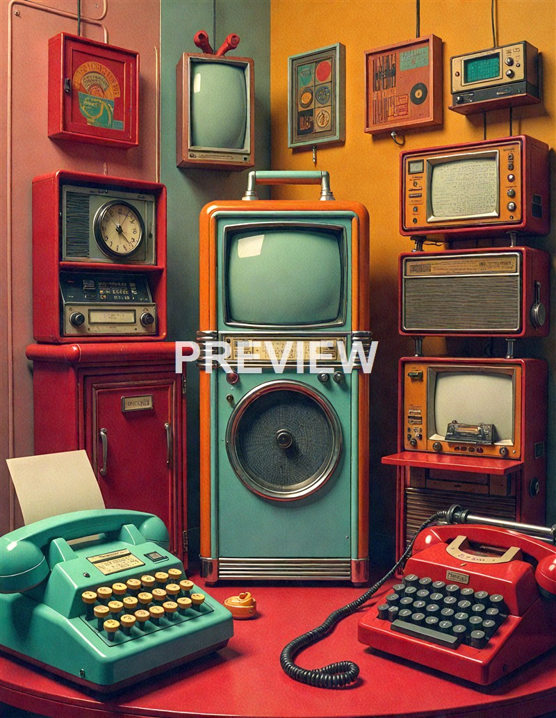 The image features a collection of vintage electronic devices including old televisions, radios, telephones, and typewriters arranged on shelves and a table, with bright and colorful walls in the background.
